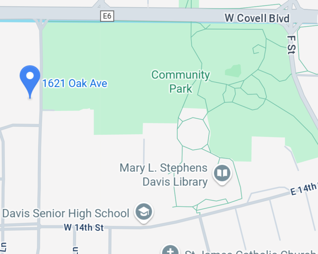 Map showing office location at 1621 Oak Ave, Davis CA